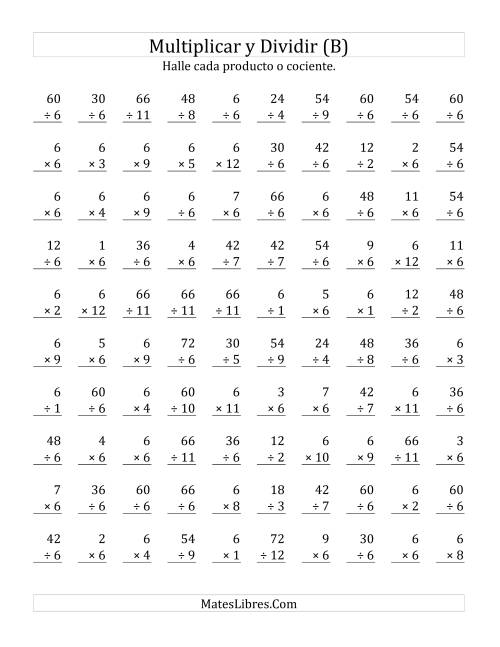 La hoja de ejercicios de Multiplicar y Dividir por 6 (B)