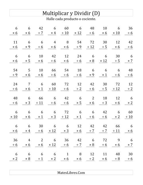 La hoja de ejercicios de Multiplicar y Dividir por 6 (D)