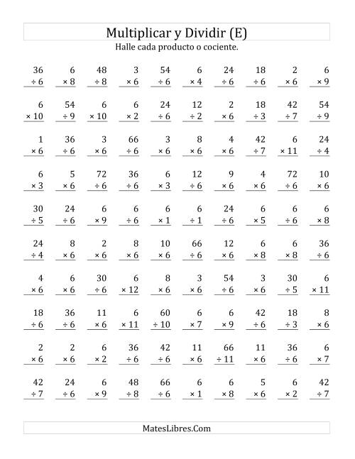 La hoja de ejercicios de Multiplicar y Dividir por 6 (E)