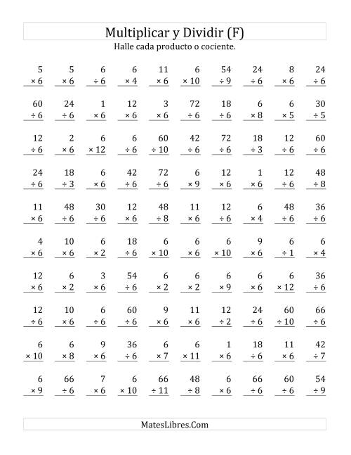 La hoja de ejercicios de Multiplicar y Dividir por 6 (F)