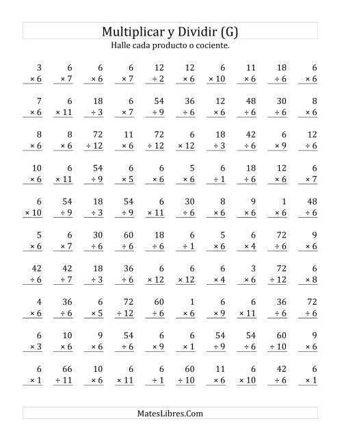 La hoja de ejercicios de Multiplicar y Dividir por 6 (G)