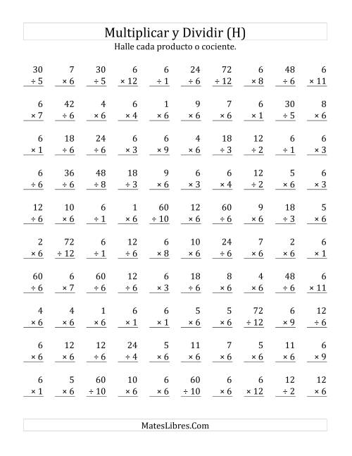 La hoja de ejercicios de Multiplicar y Dividir por 6 (H)