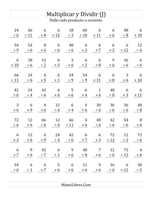 La hoja de ejercicios de Multiplicar y Dividir por 6 (J)