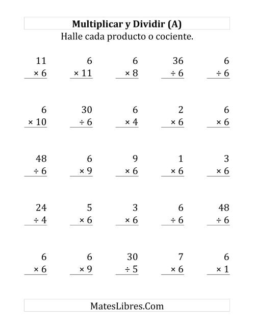 La hoja de ejercicios de Multiplicar y Dividir por 6 (Grande)