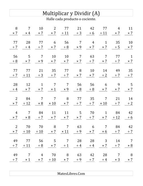 La hoja de ejercicios de Multiplicar y Dividir por 7 (A)