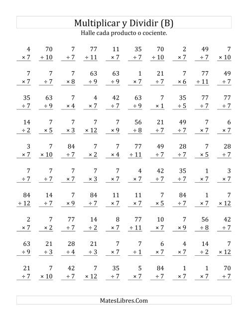 La hoja de ejercicios de Multiplicar y Dividir por 7 (B)