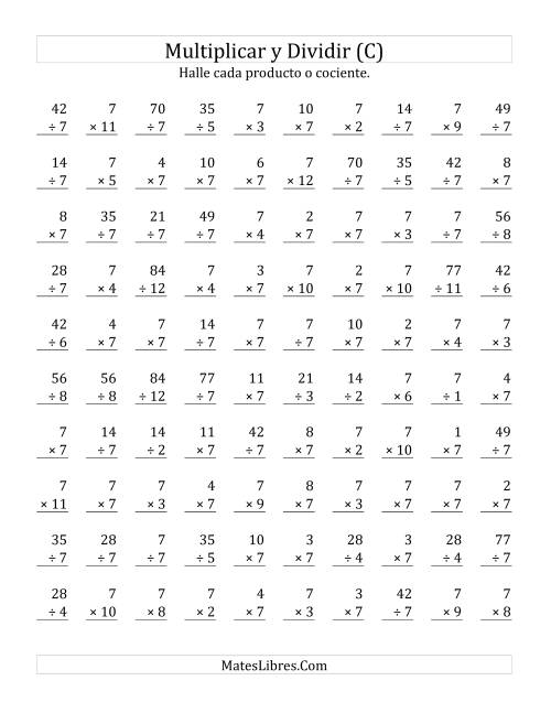 La hoja de ejercicios de Multiplicar y Dividir por 7 (C)