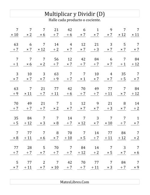 La hoja de ejercicios de Multiplicar y Dividir por 7 (D)