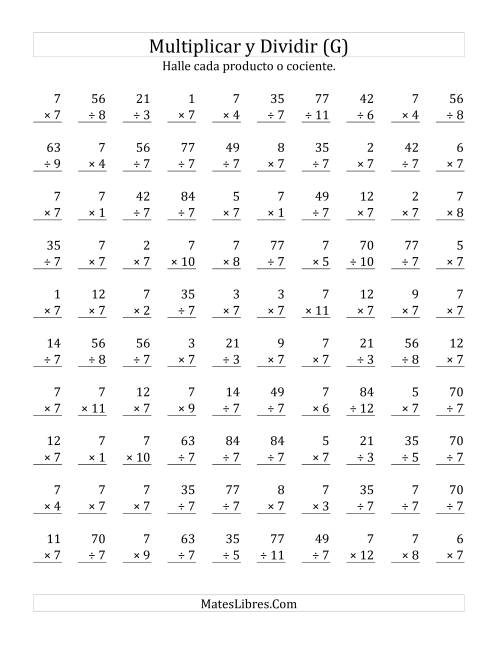 La hoja de ejercicios de Multiplicar y Dividir por 7 (G)