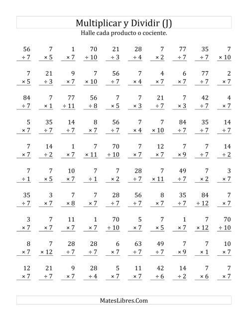 La hoja de ejercicios de Multiplicar y Dividir por 7 (J)