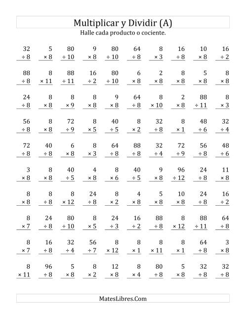 La hoja de ejercicios de Multiplicar y Dividir por 8 (A)