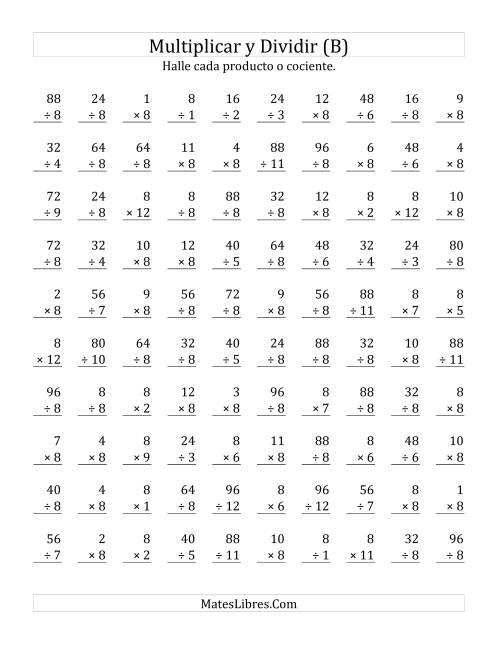 La hoja de ejercicios de Multiplicar y Dividir por 8 (B)
