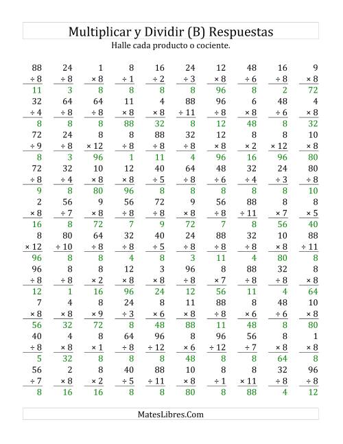 La hoja de ejercicios de Multiplicar y Dividir por 8 (B) Página 2