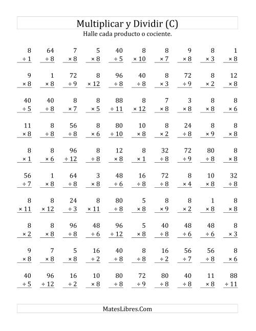 La hoja de ejercicios de Multiplicar y Dividir por 8 (C)