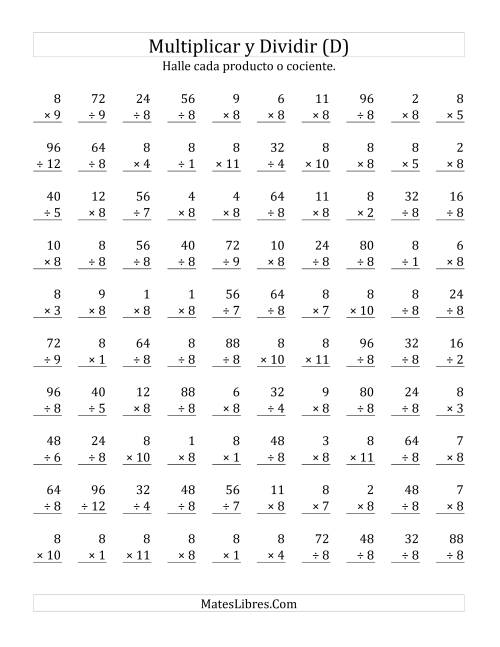 La hoja de ejercicios de Multiplicar y Dividir por 8 (D)