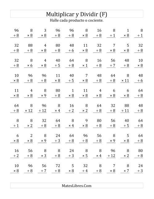 La hoja de ejercicios de Multiplicar y Dividir por 8 (F)