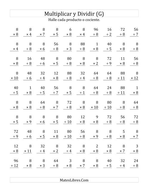 La hoja de ejercicios de Multiplicar y Dividir por 8 (G)