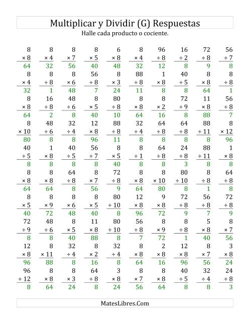 La hoja de ejercicios de Multiplicar y Dividir por 8 (G) Página 2