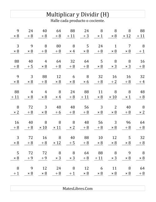 La hoja de ejercicios de Multiplicar y Dividir por 8 (H)