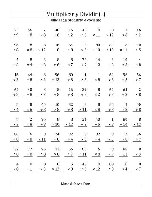 La hoja de ejercicios de Multiplicar y Dividir por 8 (I)