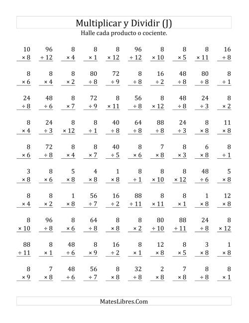 La hoja de ejercicios de Multiplicar y Dividir por 8 (J)