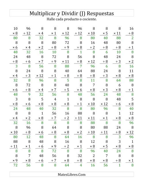 La hoja de ejercicios de Multiplicar y Dividir por 8 (J) Página 2
