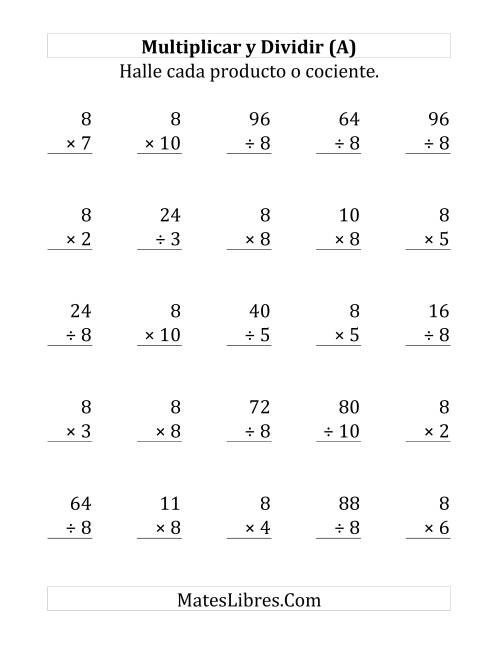 La hoja de ejercicios de Multiplicar y Dividir por 8 (Grande)