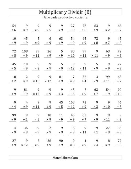 La hoja de ejercicios de Multiplicar y Dividir por 9 (B)