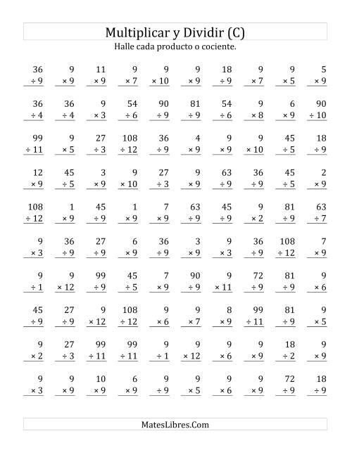 La hoja de ejercicios de Multiplicar y Dividir por 9 (C)