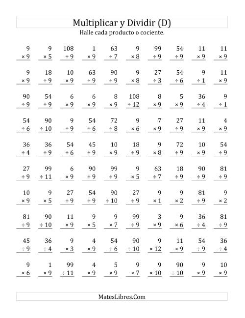 La hoja de ejercicios de Multiplicar y Dividir por 9 (D)