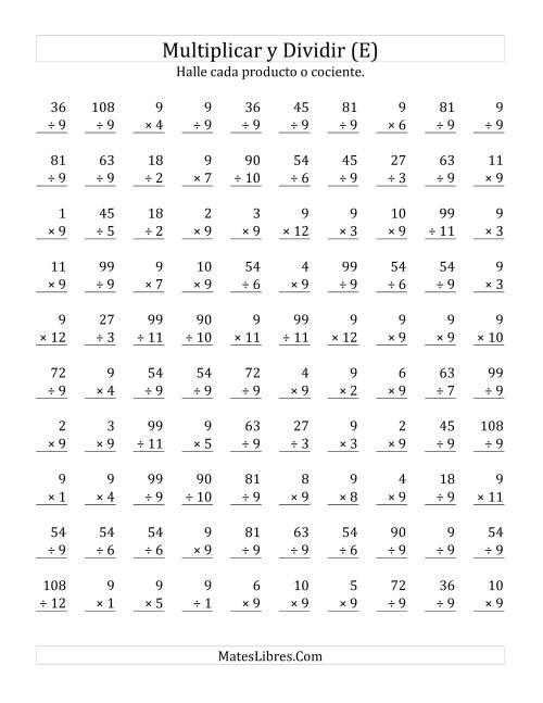 La hoja de ejercicios de Multiplicar y Dividir por 9 (E)