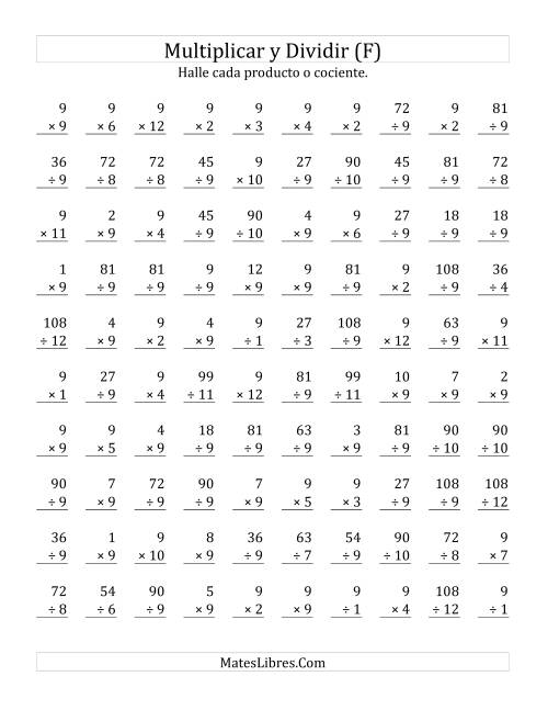 La hoja de ejercicios de Multiplicar y Dividir por 9 (F)