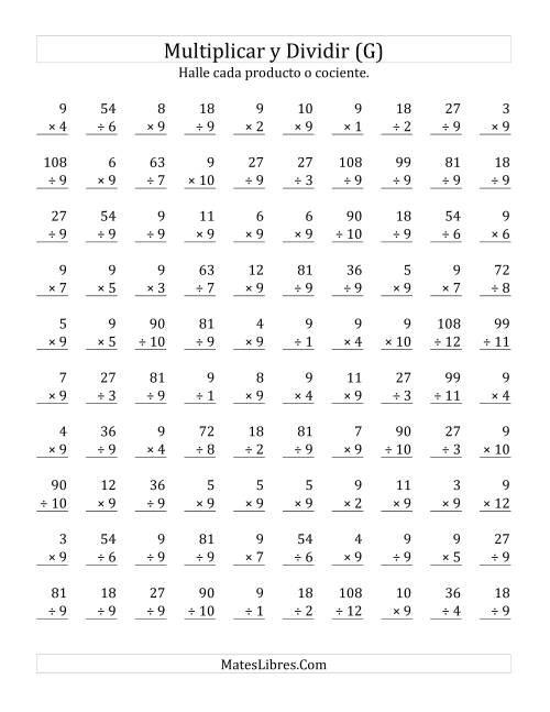 La hoja de ejercicios de Multiplicar y Dividir por 9 (G)