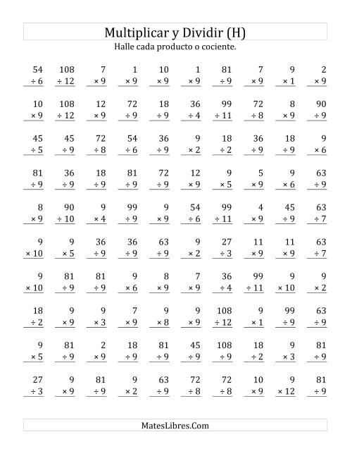 La hoja de ejercicios de Multiplicar y Dividir por 9 (H)