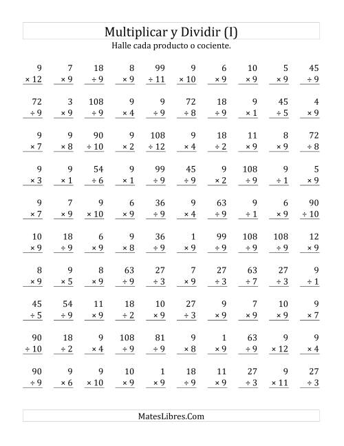 La hoja de ejercicios de Multiplicar y Dividir por 9 (I)