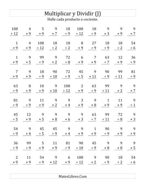 La hoja de ejercicios de Multiplicar y Dividir por 9 (J)