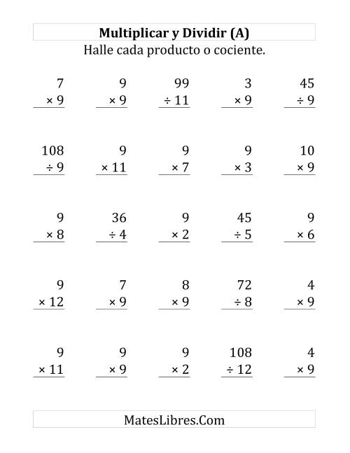 La hoja de ejercicios de Multiplicar y Dividir por 9 (Grande)
