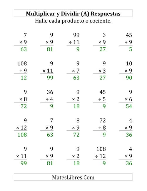 La hoja de ejercicios de Multiplicar y Dividir por 9 (Grande) Página 2