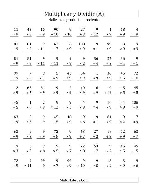 La hoja de ejercicios de Multiplicar y Dividir por 9 (Todas)