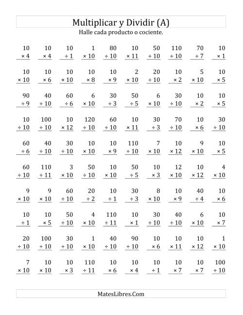 La hoja de ejercicios de Multiplicar y Dividir por 10 (A)