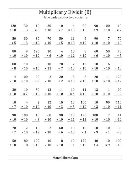 La hoja de ejercicios de Multiplicar y Dividir por 10 (B)