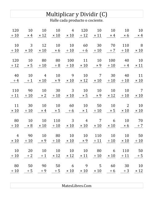 La hoja de ejercicios de Multiplicar y Dividir por 10 (C)