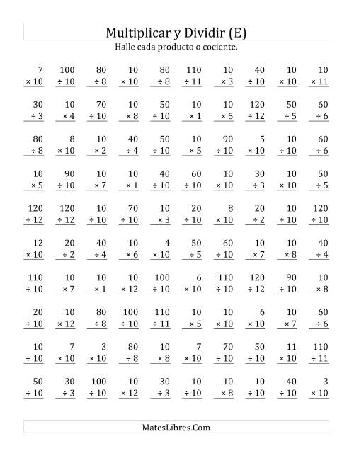 La hoja de ejercicios de Multiplicar y Dividir por 10 (E)