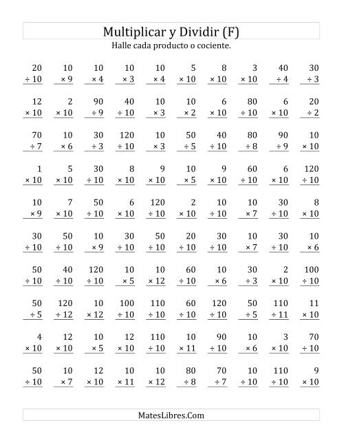 La hoja de ejercicios de Multiplicar y Dividir por 10 (F)