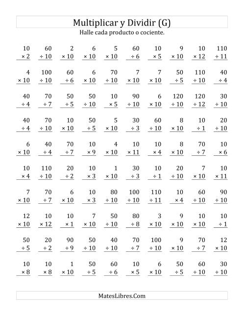 La hoja de ejercicios de Multiplicar y Dividir por 10 (G)