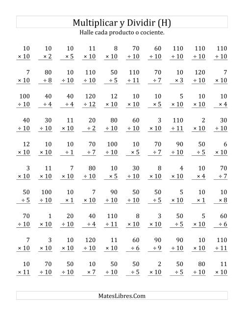 La hoja de ejercicios de Multiplicar y Dividir por 10 (H)