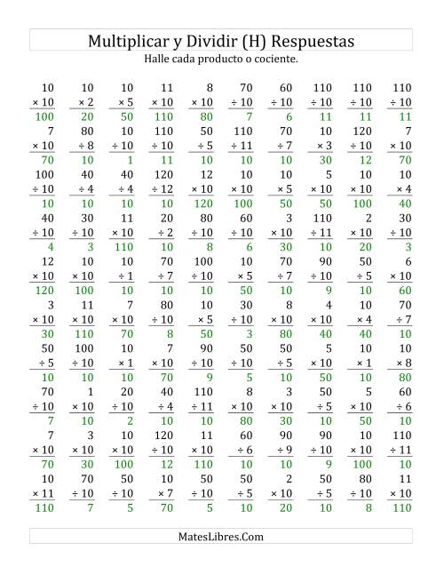 La hoja de ejercicios de Multiplicar y Dividir por 10 (H) Página 2
