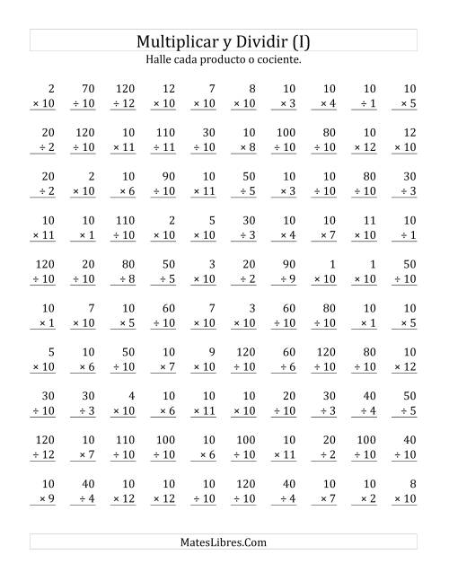 La hoja de ejercicios de Multiplicar y Dividir por 10 (I)