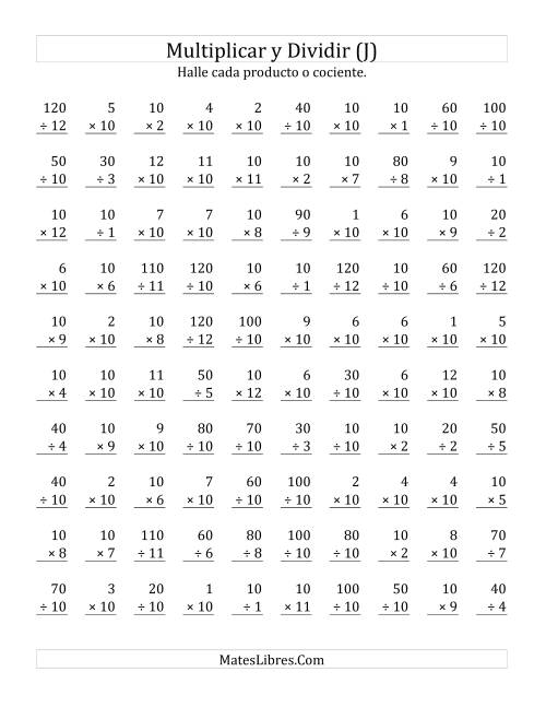 La hoja de ejercicios de Multiplicar y Dividir por 10 (J)