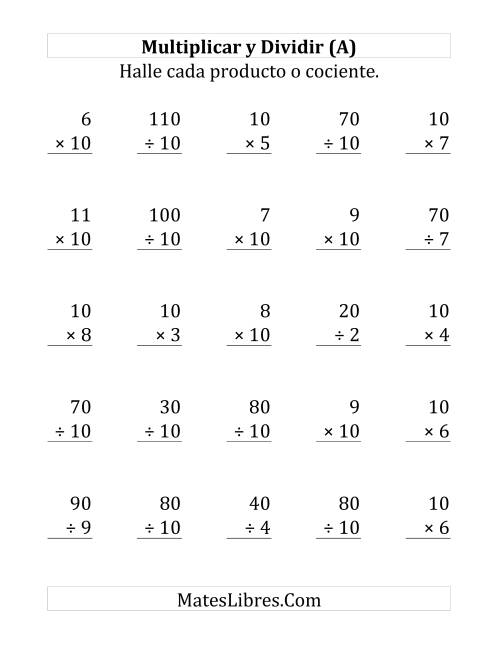 La hoja de ejercicios de Multiplicar y Dividir por 10 (Grande)